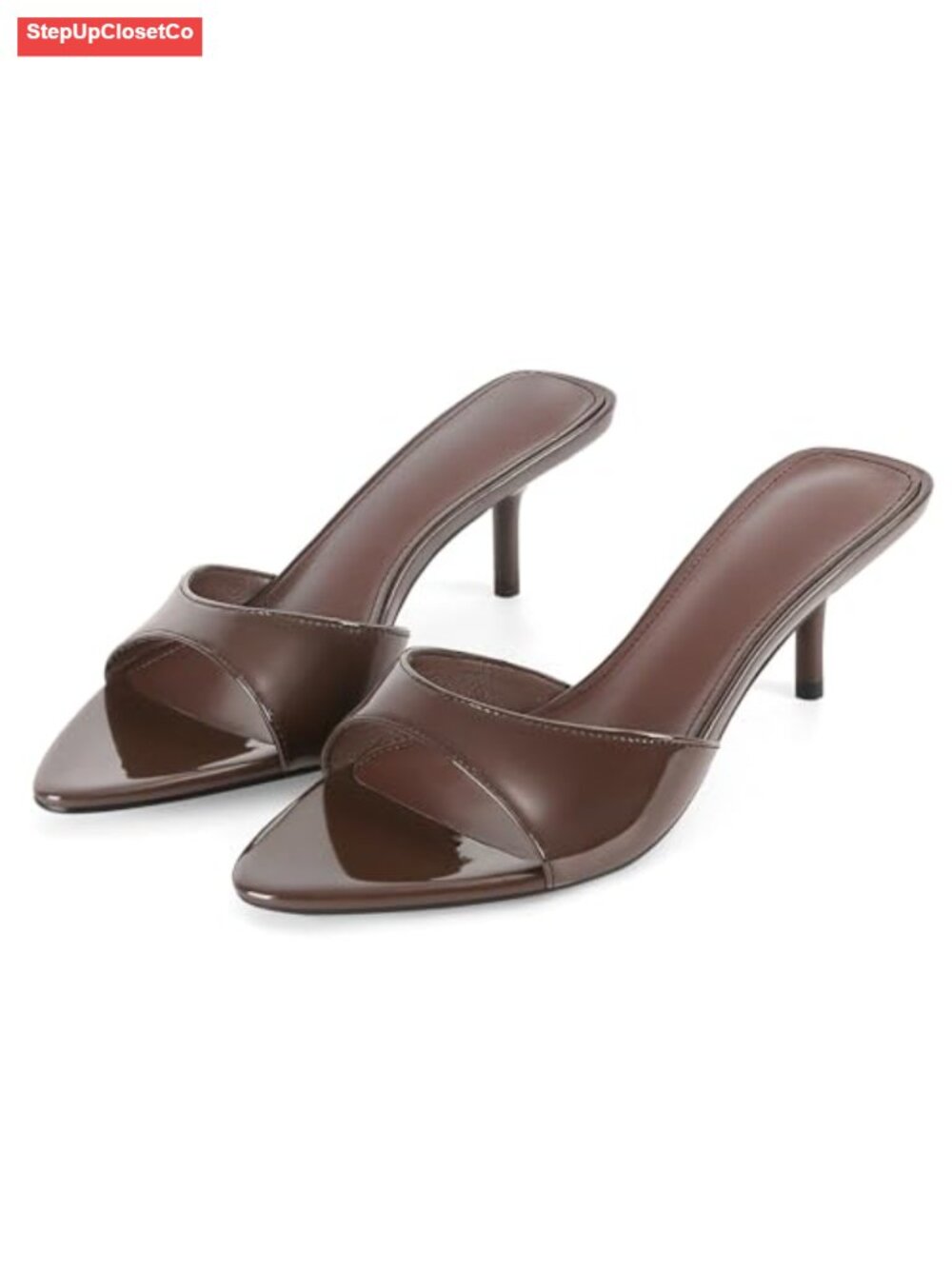Kitten Heels for Women Pointed Open Toe Slip On Mules Faux Leather Backless